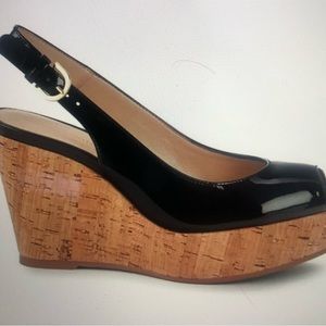Stuart Weitzman Jean black patent leather slingback wedge sandals